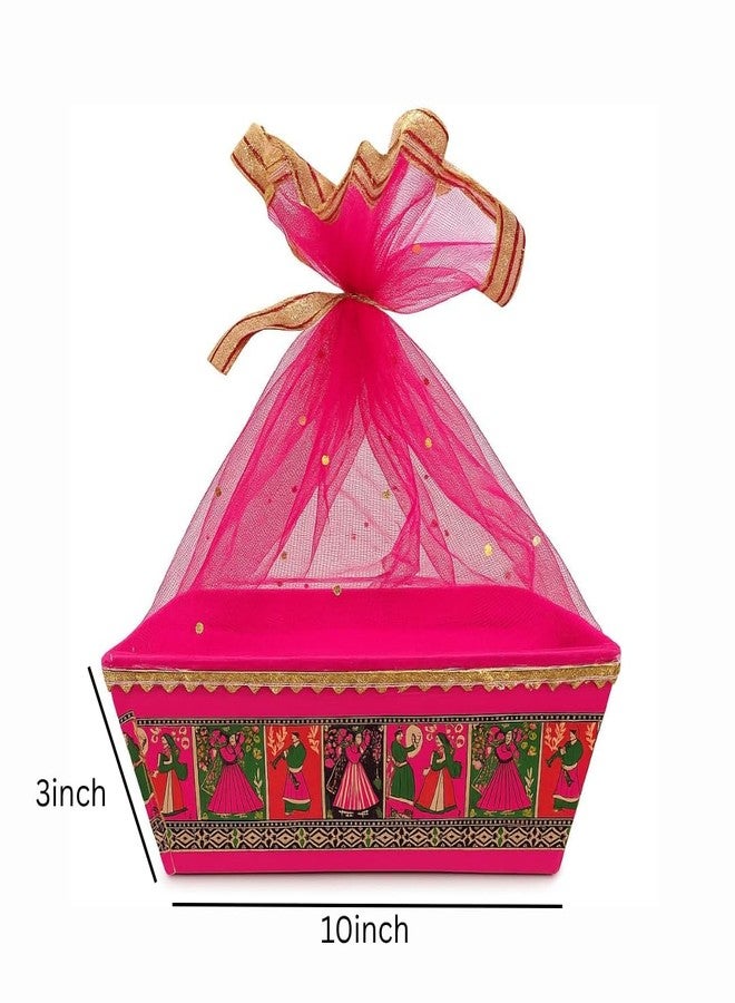 Scissors Craft Traditional Decorative Gift Basket with Golden Net | Ethnic Red-Green Print | Multipurpose Basket for Rakhi, Weddings & Festive Gifting (Royal fock Ethinic, 10) - Image 2